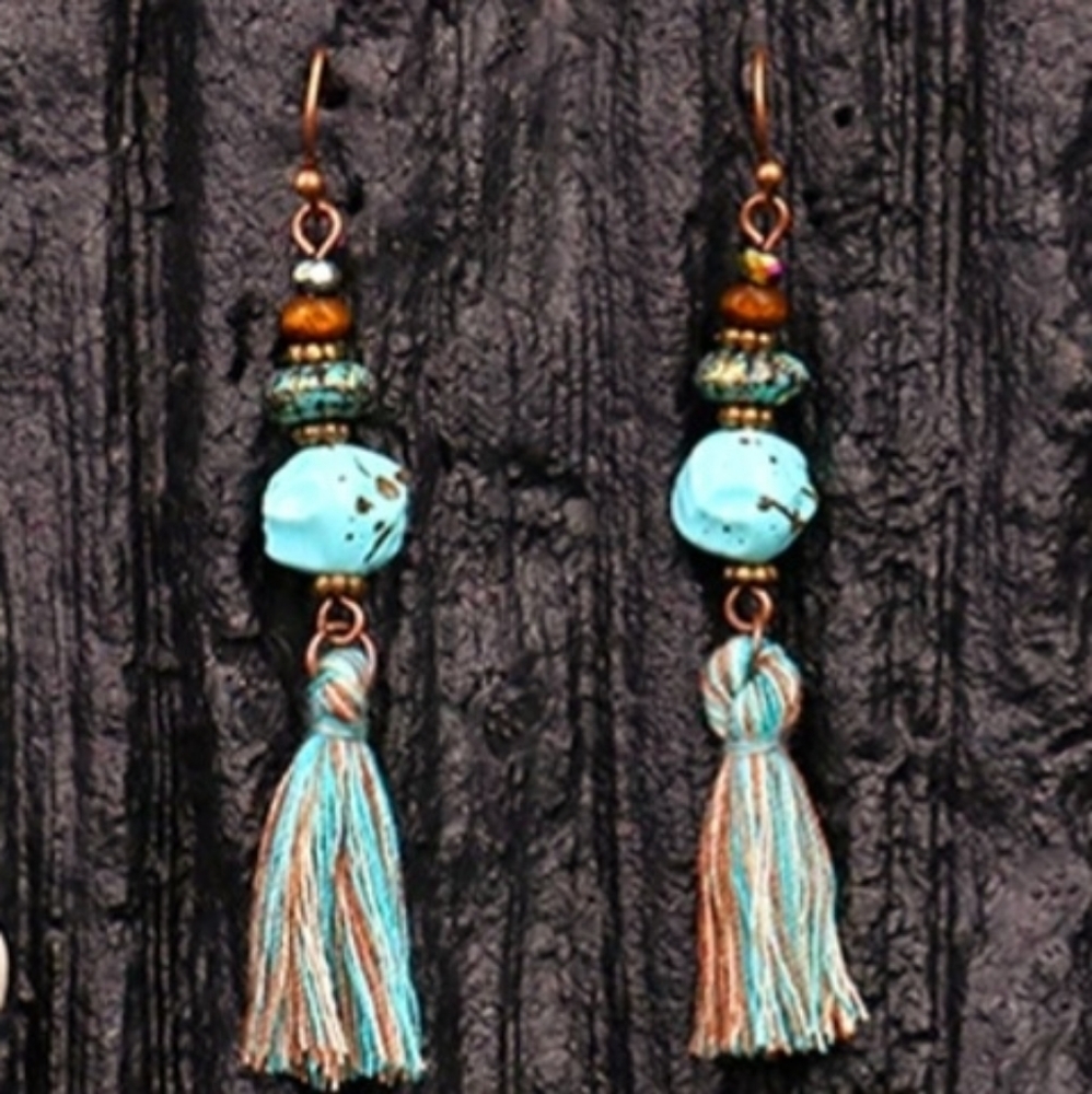 Boho tassel turquoise blue long dangle earring..NW